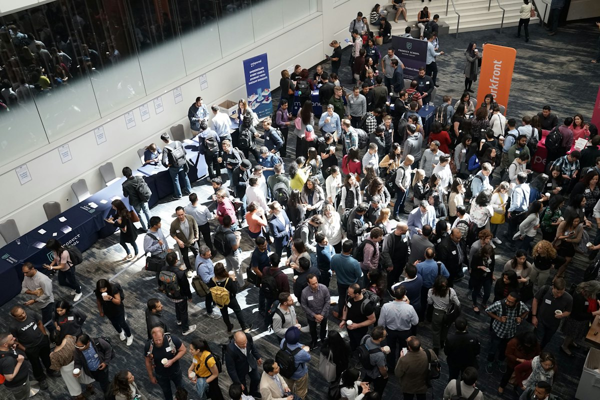 Aerial view of a busy exhibition hall