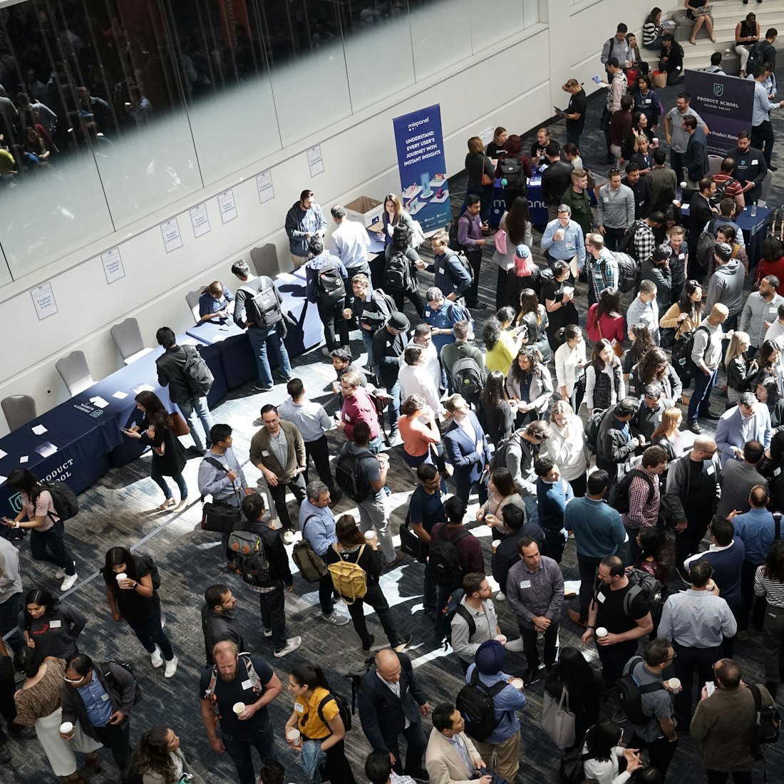 Aerial view of a busy exhibition hall